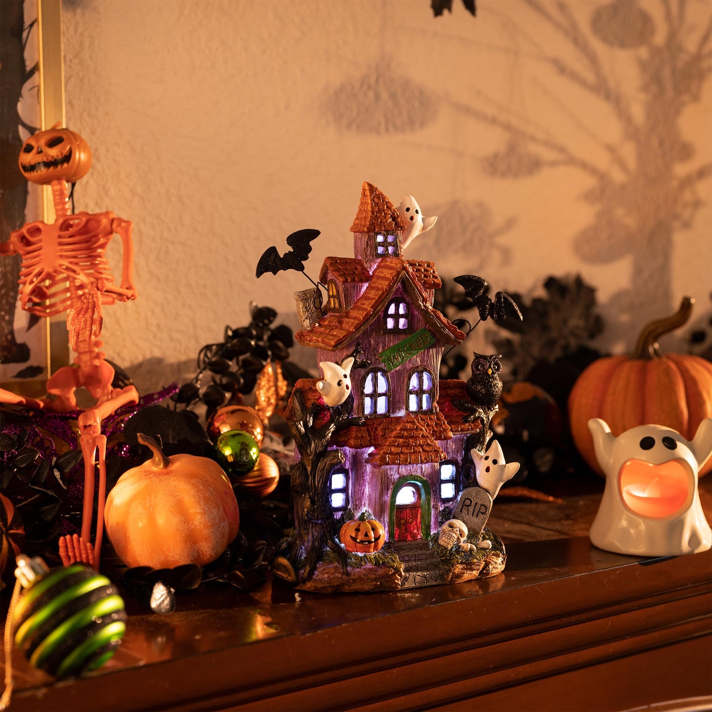 Valery Madelyn Halloween Decorations, Lighted Halloween Village Houses with LED Lights, Resin Spooky Town Happy Haunted House for Home and Party Table Desk Mantel, 9 Inch