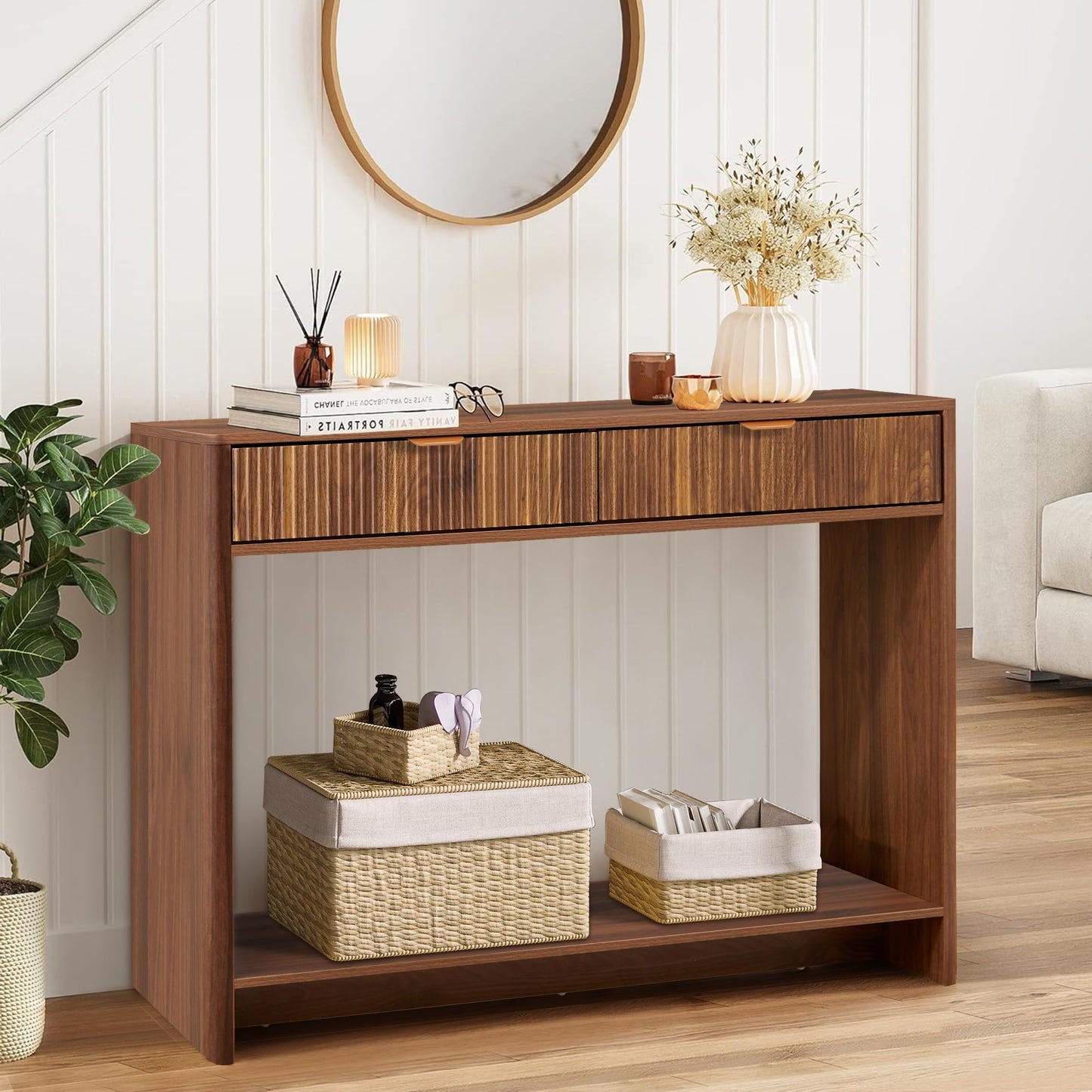 affeivul Entryway Table with Storage, Narrow Console Table with 2 Drawers, 43.3' Couch Table Behind Sofa Skinny for Living Room TV/Hallway Entrance Foyer, Mid Century Farmhouse Fluted Console Table