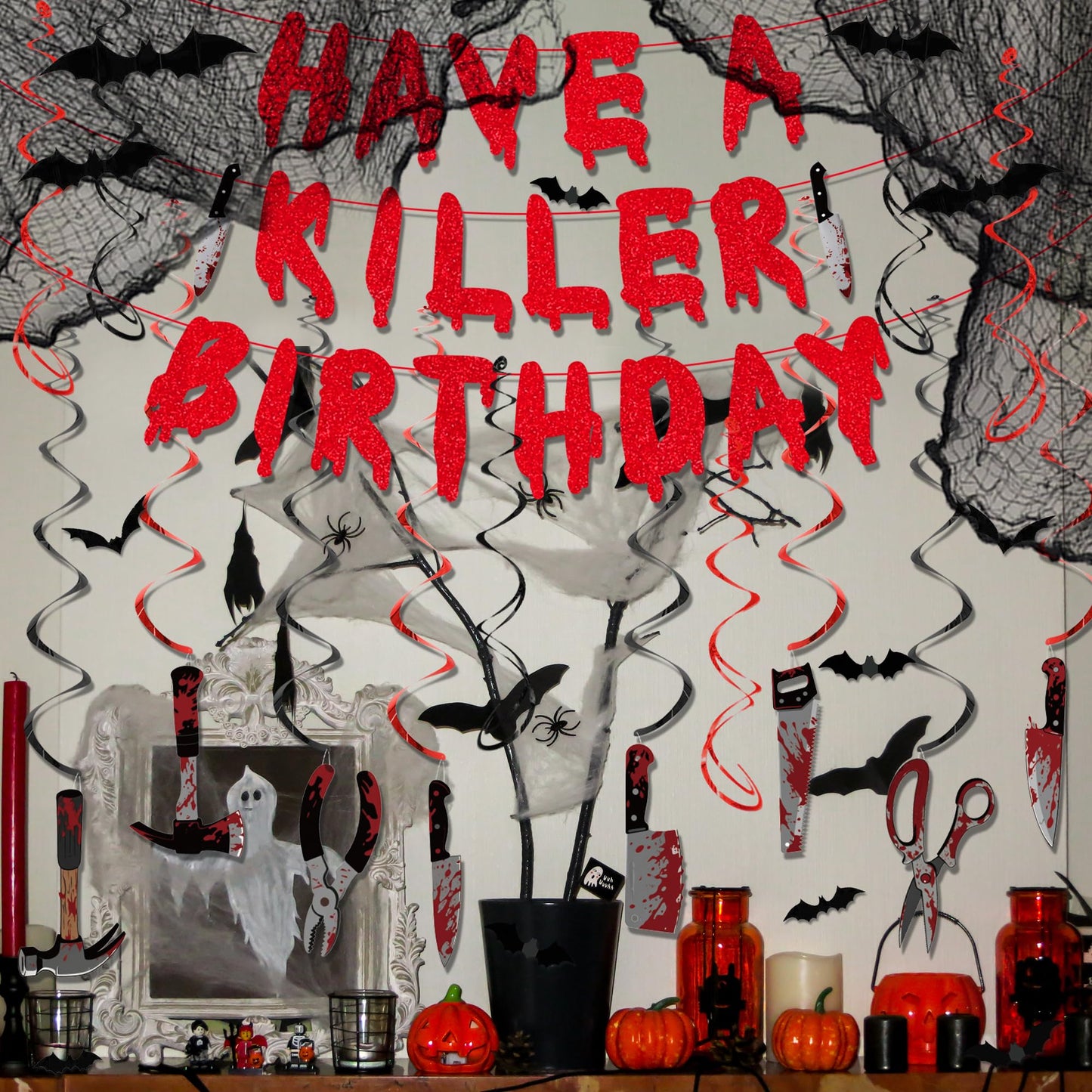 Trgowaul Halloween Horror Birthday Decorations, 31PCS Halloween Party Supplies, Hanging Swirls, Killer Cake Topper, Banner, Black Creepy Cloth&3D Bat Sticker for Spooky Haunted House Fireplace Decor