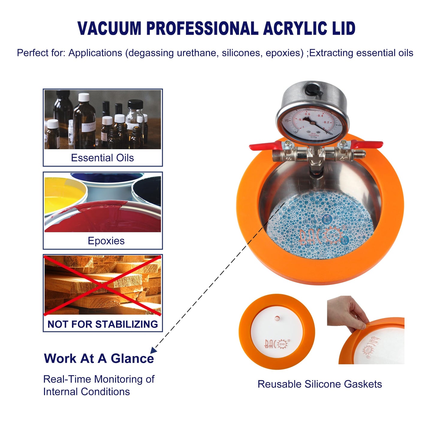 BACOENG Universal Vacuum Chamber Series: 2 Quart Stainless Steel Vacuum Chamber Kit, Vacuum Degassing Chamber for Resin, Silicone and Epoxies