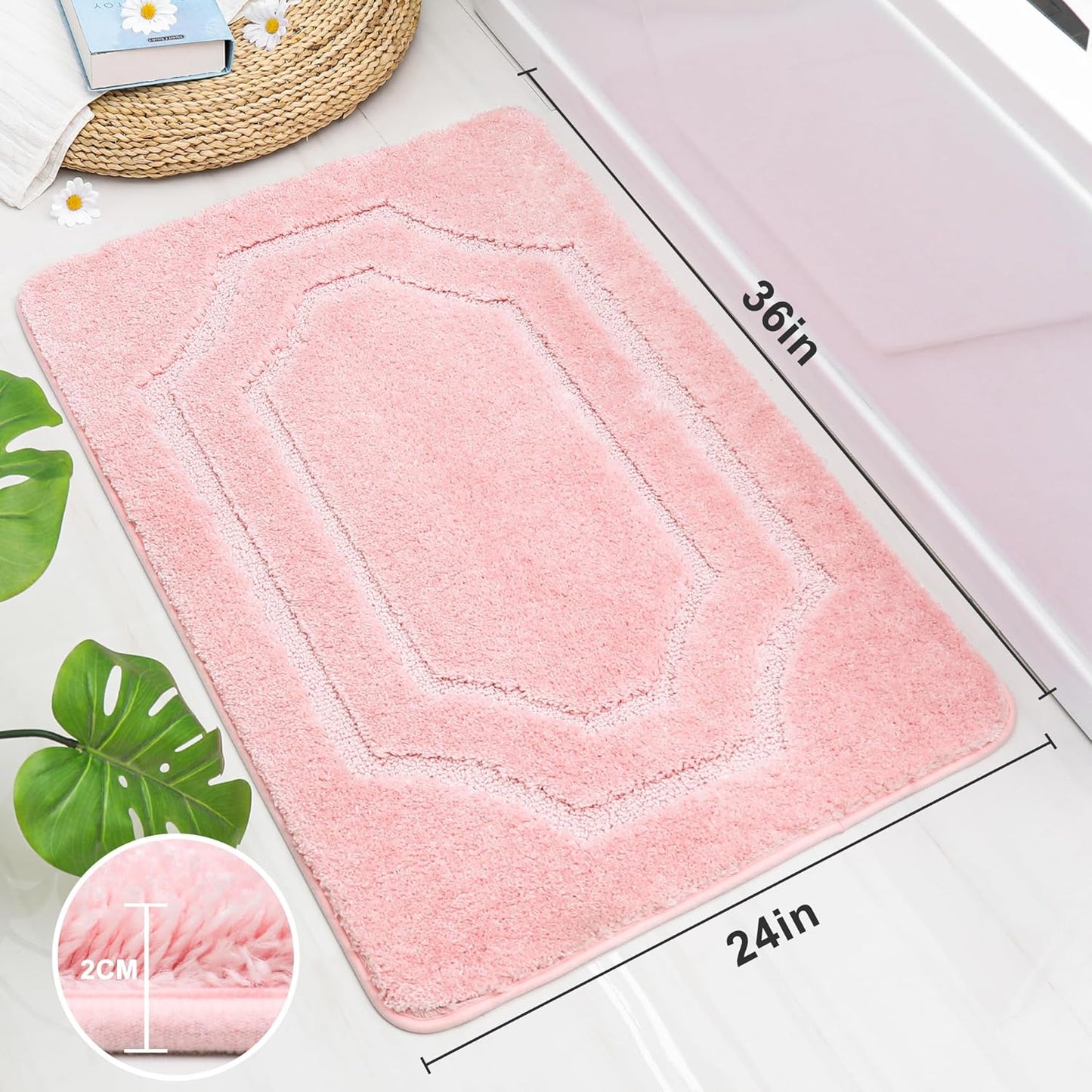 BEQHAUSE Bathroom-Rugs-Non-Slip-Bath-Mats for Bathroom Soft and Absorbent Polyester Microfiber Pink Bath Mat Machine Washable Shaggy Shower Mat for Bathrooms, Bathtub and Sink, 24" x36"