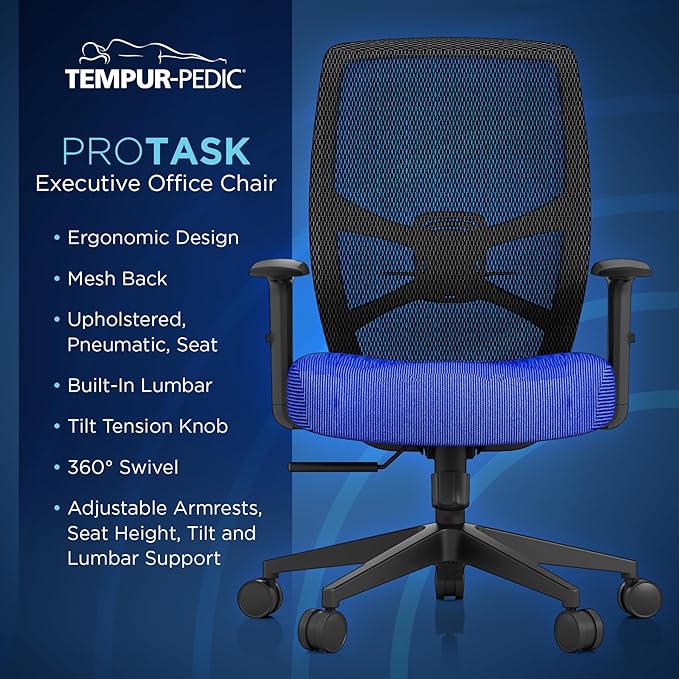 Tempur-Pedic ProTask Executive Task Office Chair with Cooling Gel Layer and Built-in Lumbar Support, Height-Adjustable Ergonomic Mesh Office Desk Chair, Blue