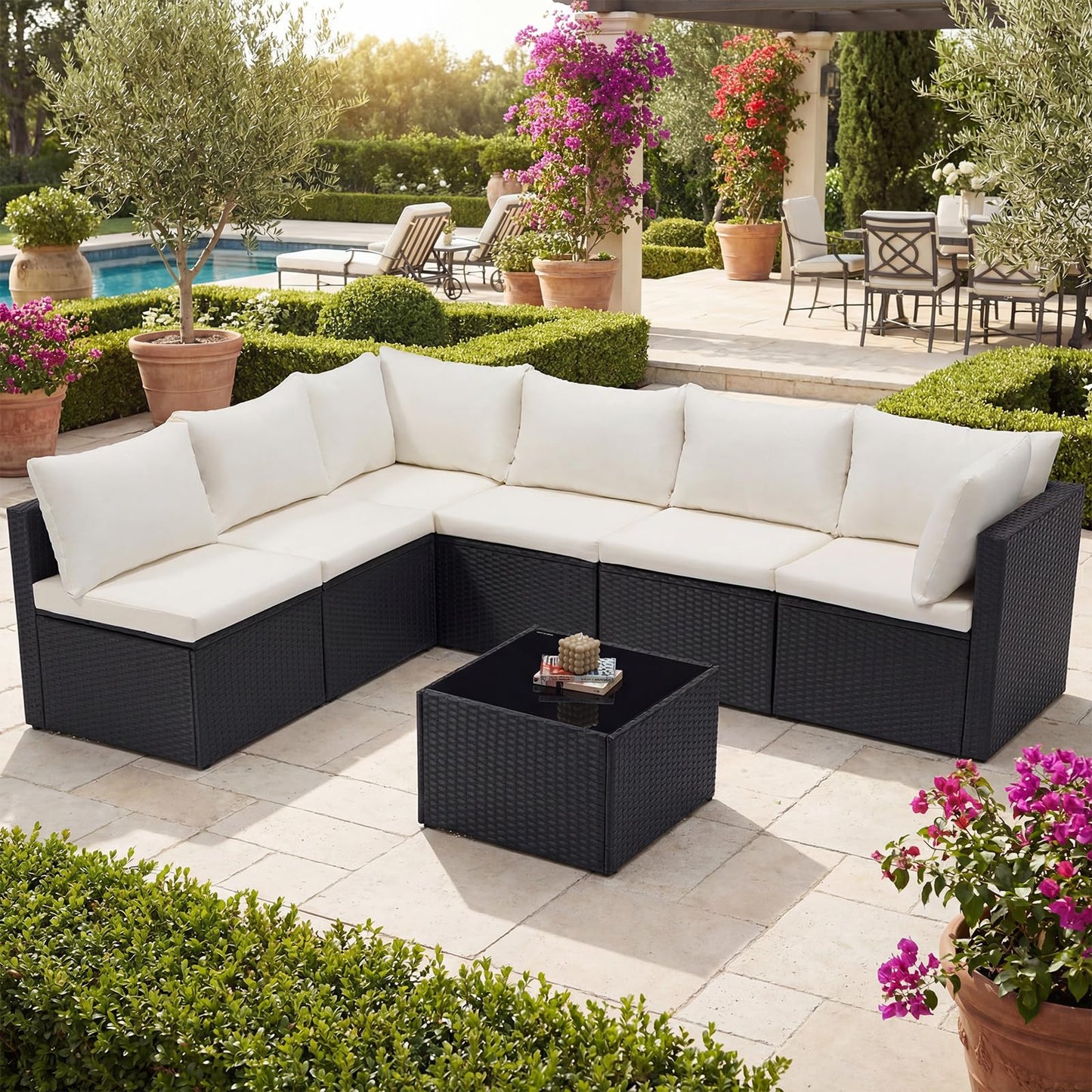 DUMOS 7 Piece Outdoor Patio Sectional Sofa, Modular Wicker Furniture Set with 2.8" Thick Cushions, Adjustable Feet, Weather-Resistant Rattan Outdoor Couch for Backyard, Deck, Garden, Poolside, Black