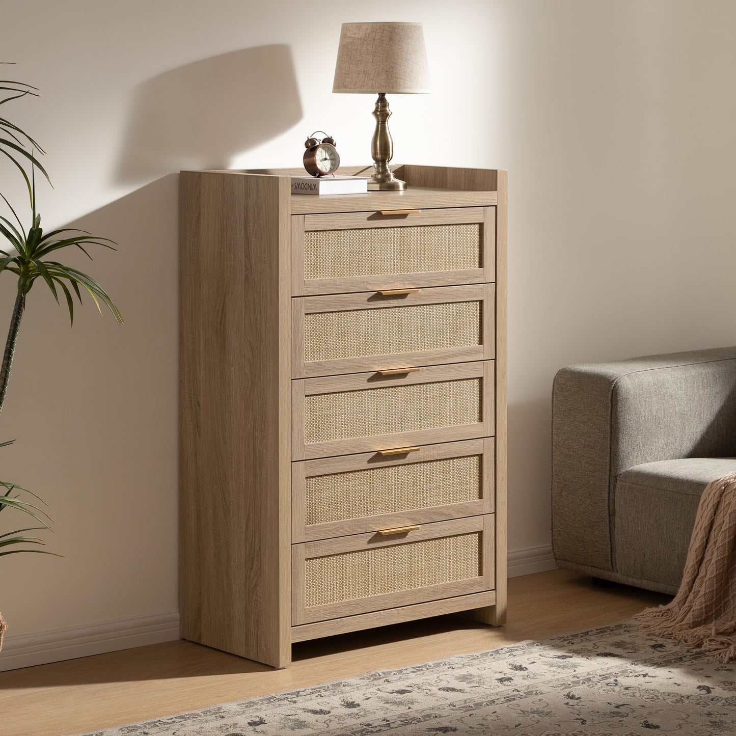 SICOTAS Dresser for Bedroom Chest of Drawers 46" Tall Dresser for Closet with 5 Rattan Drawers Boho Night Stand Large Clothes Storage Cabinet for Living Room Hallway Nursery Entryway