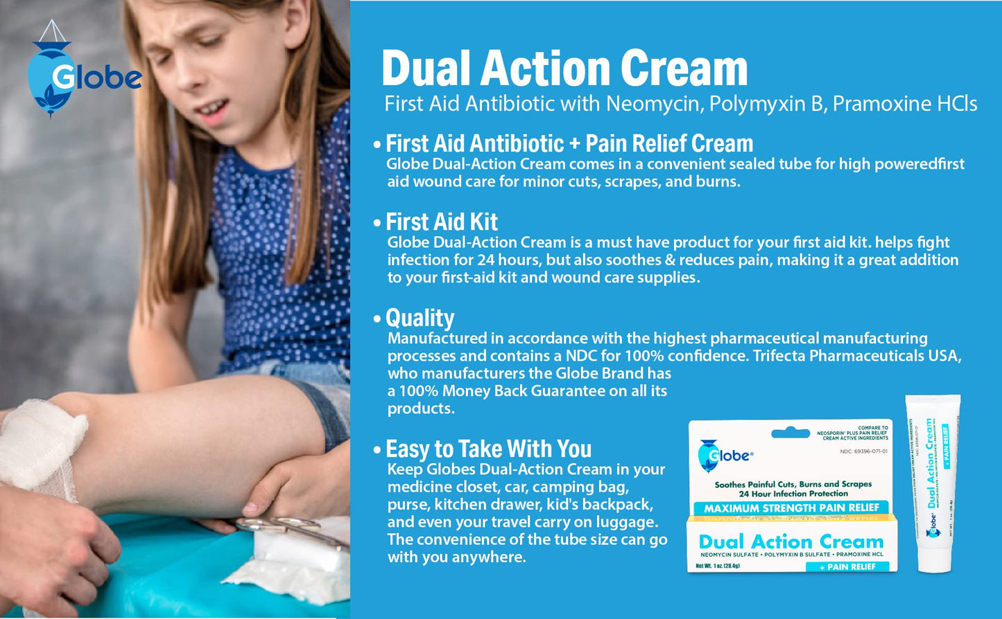 (4 Pack) Globe Dual Action First Aid Antibiotic Cream + Pain Relief, Neomycin, Polymyxin B, Pramoxine HCl, Soothes Painful Cuts, Burns and Scrapes, 24 Hour Infection Protection