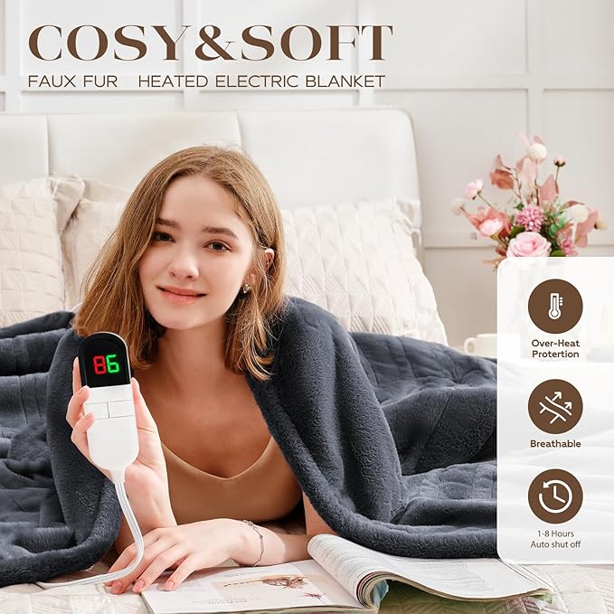Premium Heated Throw Blanket 50"×60" - Ultra Cosy Soft Electric Blanket with 8 Heating Levels,Plush Fast Heating Faux Rabbit Fur Blanket for Bed & Couch - Auto Shut Off,Machine Washable(Grey)