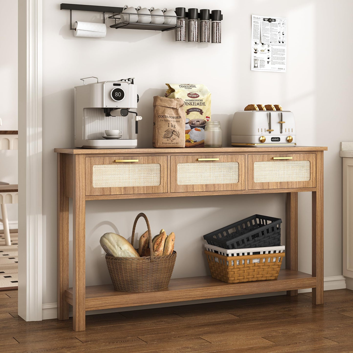 ELYKEN 51.2" Entryway Table with 3 Rattan Drawers, Boho Console Table Narrow with Storage, Long Sofa Table for Behind Couch Entry Hallway, Entrance, Living Room, Oak Brown