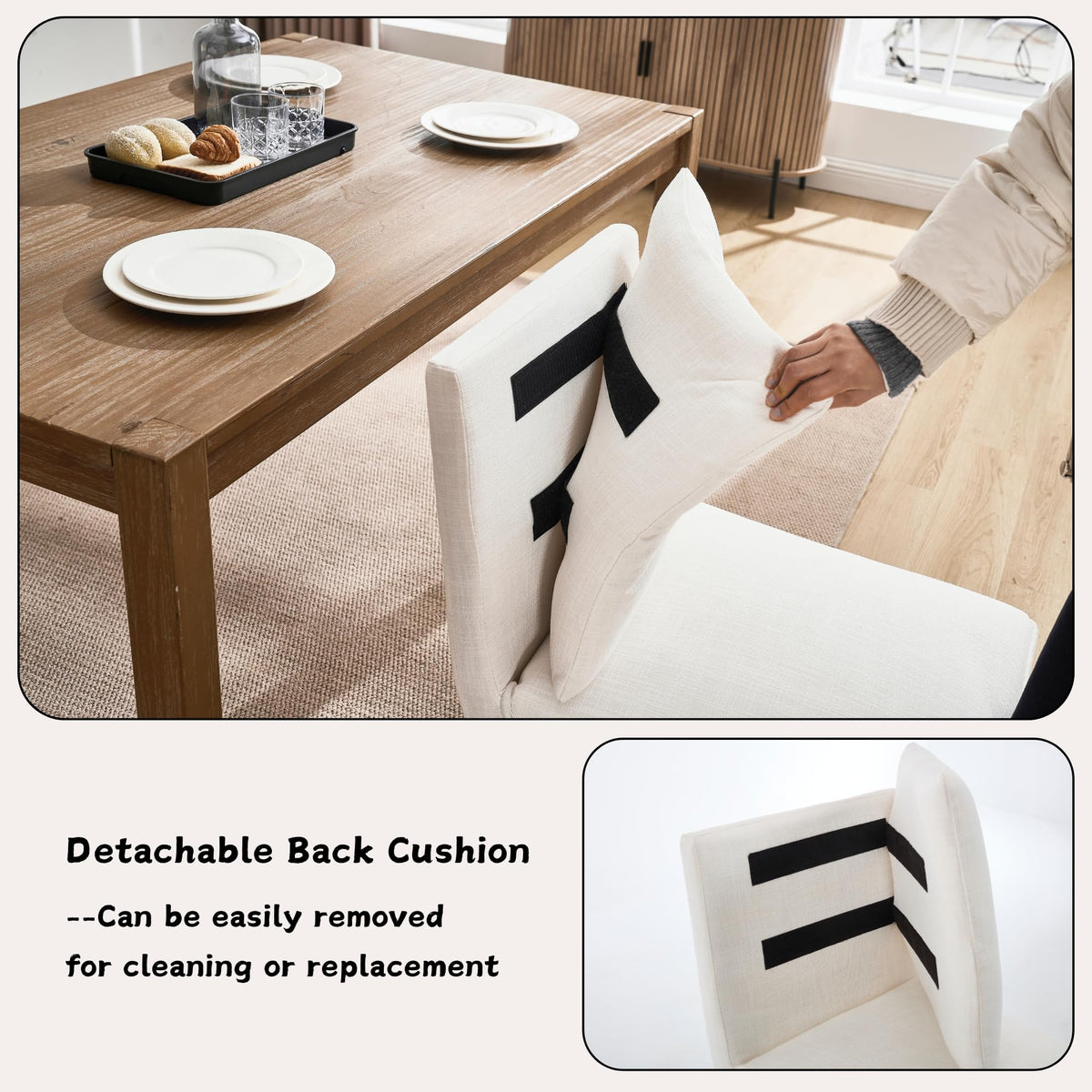 Janoray Dining Chairs Set of 2 with Removable Back Cushions,Modern Linen Upholstered Dining Chairs for Kitchen,Dining Room,Living Room, Bedroom,Cafe,Bar(Beige)