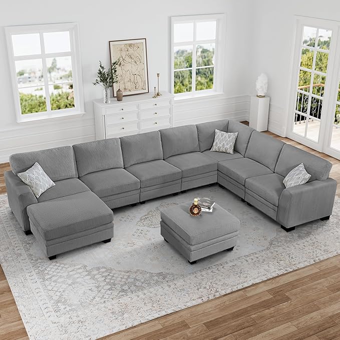 Legend Vansen Oversized Modular Sectional Sofa,9 Seat U Shaped Couch with Ottoman,Corduroy Sofa with Deep Seat,Convertible Large Sectional Couches for Living Room (Grey, U-9)