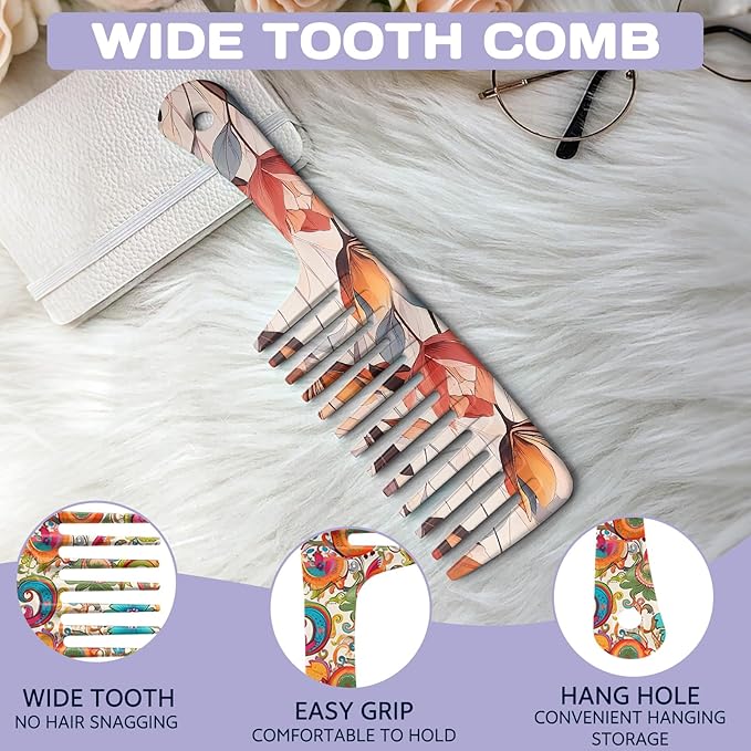 2PCS Wide Tooth Comb,Effortless Tangle Removal for Long Hair Styling Comb for Curly,Wet,Cute Aesthetic Design for Women Men and Girls(Orange-Flower-11)