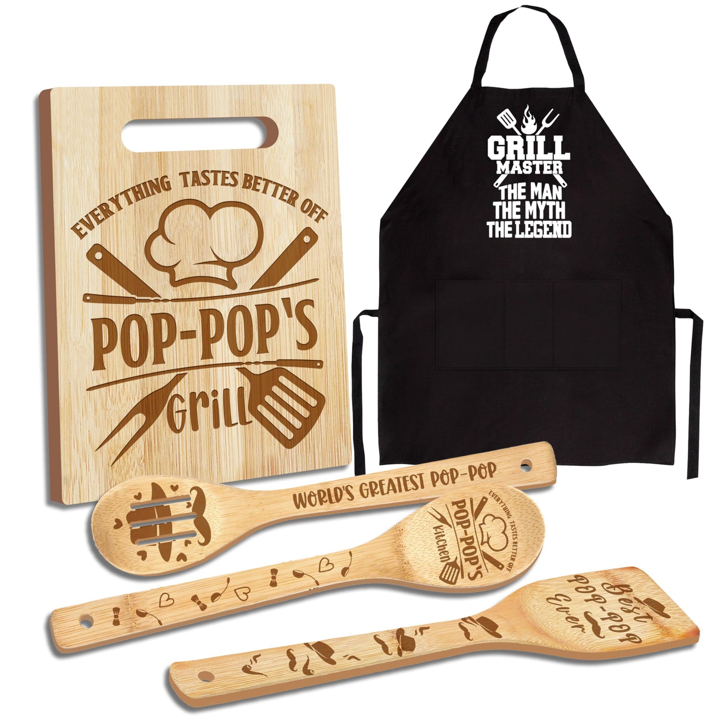 Pop Pop Gifts, Pop Gifts from Grandkids, Poppop Birthday Gift Wooden Cutting Board Utensils Set with Apron, Great Pop Grandprents Day Fathers Day Stocking Stuffer Kitchen Gift