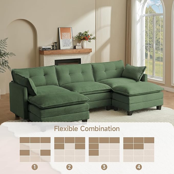 Amsleekey Modular Sectional Sofa, 111.5" U-Shaped Corduroy Comfy Sectional Couches for Living Room, 3-Seater Cloud Couches with 2 Movable Ottomans, Flexible Combination Modern Deep Seat Sofa (Green)
