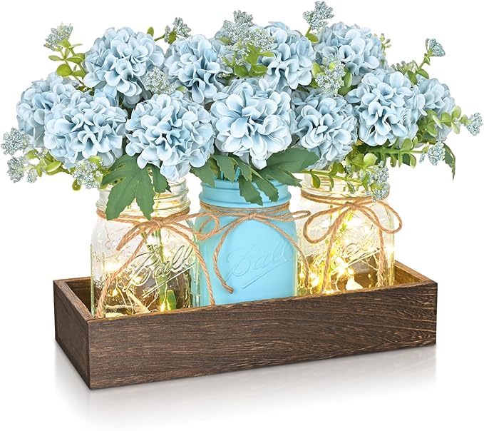 BLEUM CADE Centerpiece Table Decorations - 3Pcs Hydrangea Artificial Flowers in Mason Jars with Wood Tray for Dining Table...