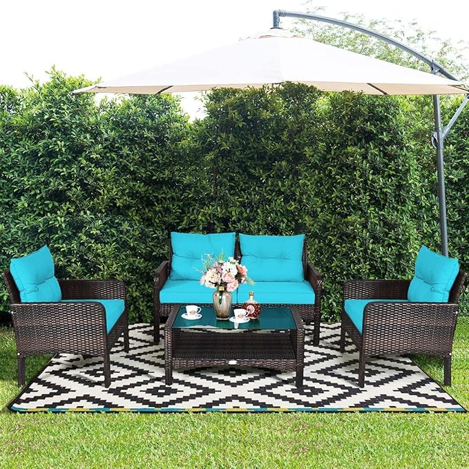 HAPPYGRILL 4-Piece Patio Furniture Set Outdoor Rattan Wicker Conversation Set with Coffee Table, Sectional Sofa Bistro Set with Cushions for Garden Poolside Backyard