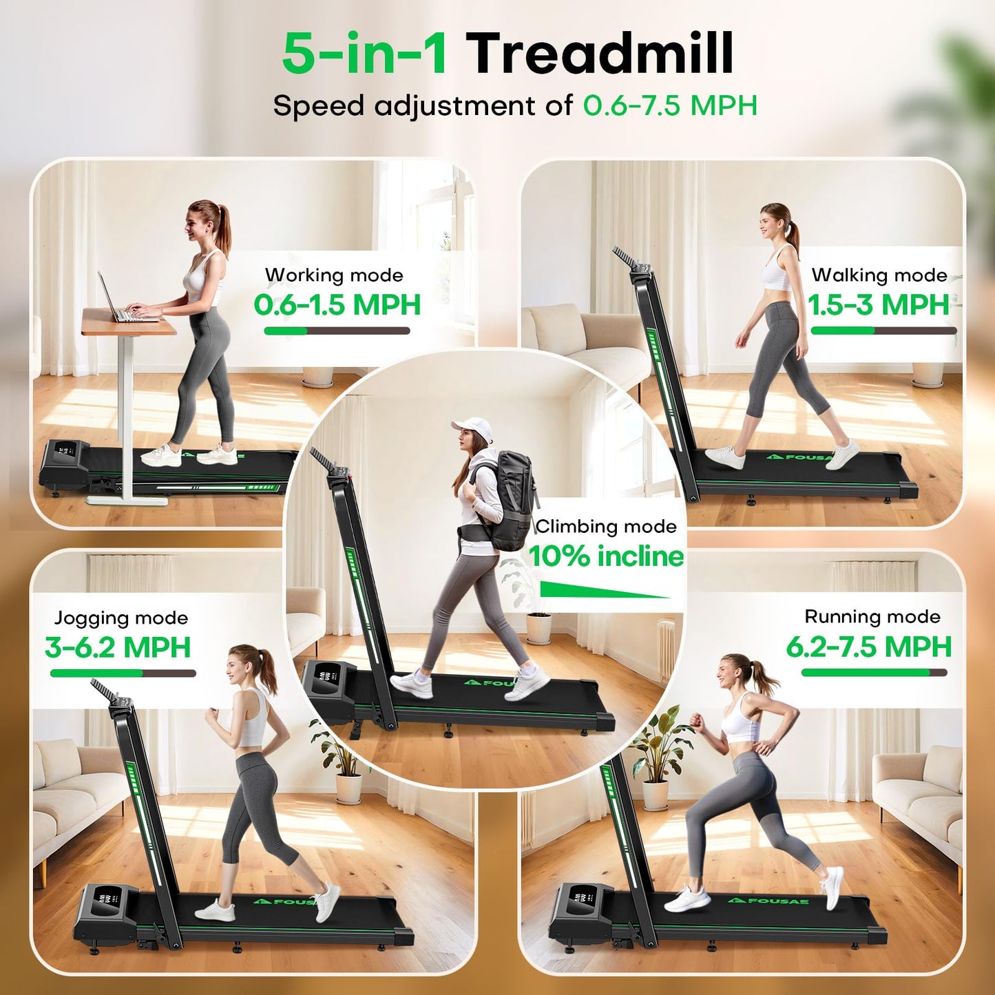 FOUSAE 5 in 1 Foldable Treadmill, 7.5 MPH Treadmills for Home with App Compatible, Treadmill with 10% Incline, 3.0HP Brushless Drive, Remote Control and LED Display, 12 HIIT Programs, 400 LBS Capacity