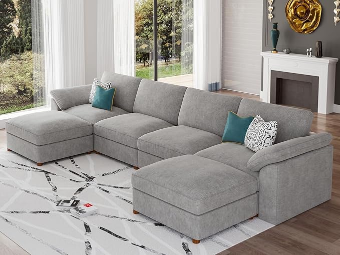 EASE MOOSE Oversized U Shape Sectional Modular Sofa,Wide Deep seat Sectional Sofa,FSC Certified Comfortable Chenille Grey Cloud Modular Sofa