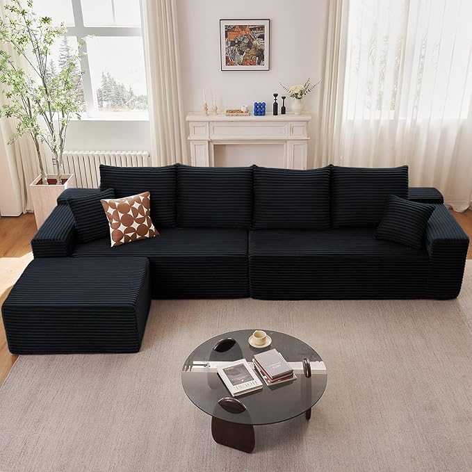 140" Sectional Cloud Couch for Living Room, Modular Floor Deep-Seat Sofa, Big Comfy Corduroy Couches Set with Fluffy Memory Foam, Stupendous L Shaped Sofas, No Assembly Required, Black