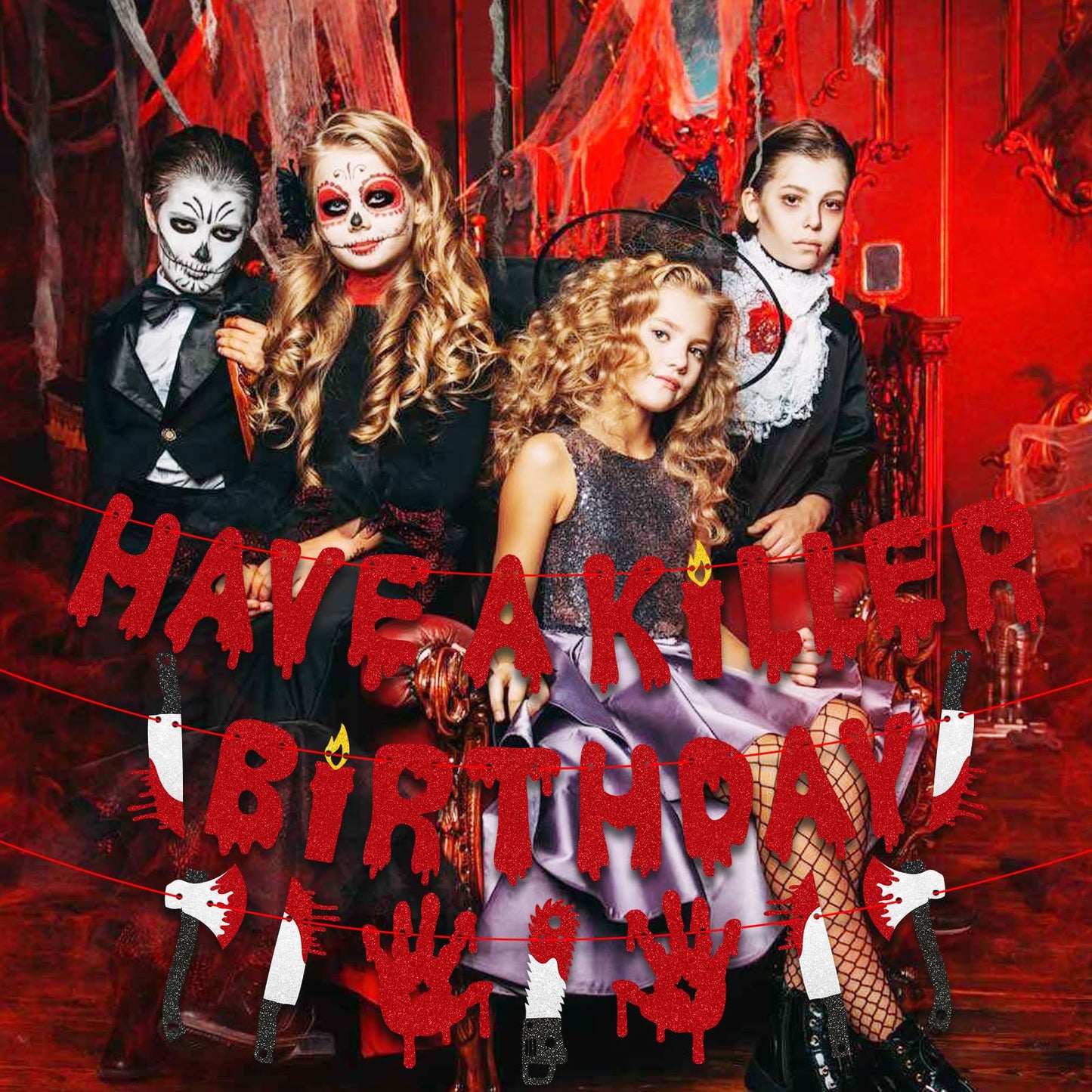 Stcomart Pre-Strung 6ft Glitter Have a Killer Birthday Banner for Halloween Birthday Party Decorations, Scary Bloody Halloween Decorations, Red