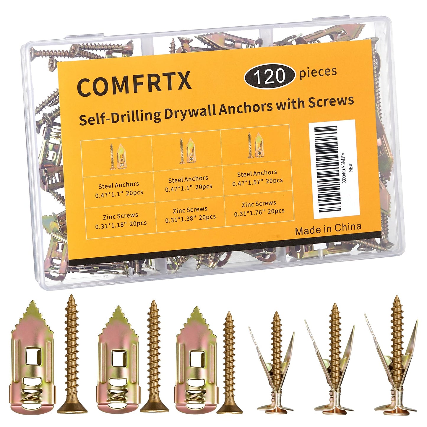 ComfrtX 3 Sizes Self Drilling Drywall Anchors with Screws Kit – 120PCS Heavy Duty Metal Expansion Bolts, Sheetrock Anchors & Drywall Grip Anchors and Screws for Shelf, Mirror, Cabinet, Picture Frames
