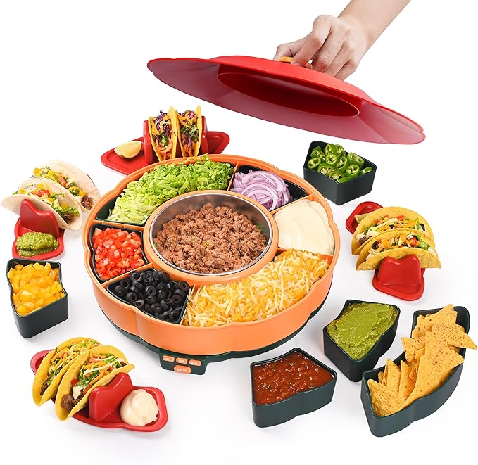 Taco Tuesday Kit - Taco Bar Serving Set for a Party with 33oz Heated Pot, 4 Taco Holders, Detachable Lazy Susan Tray, Perf...