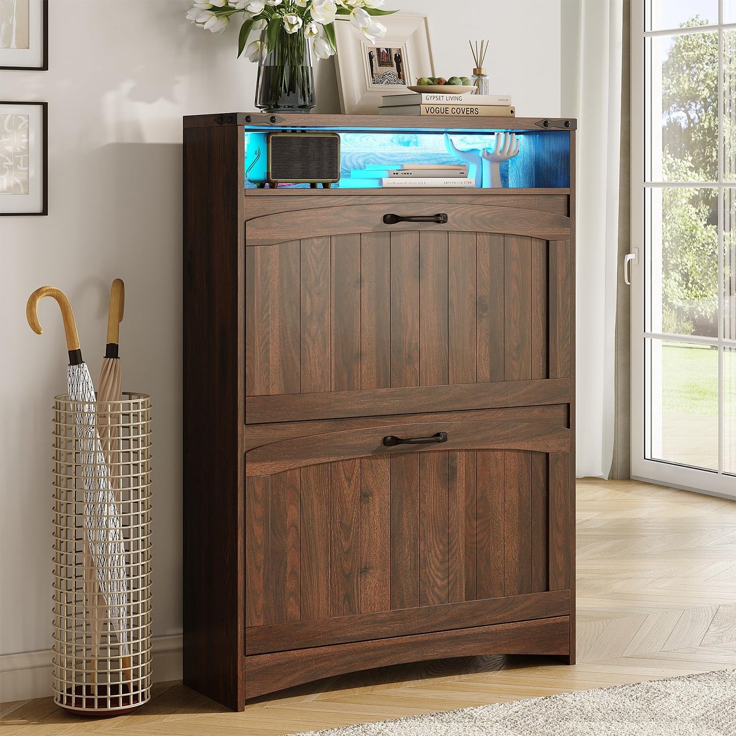 Maupvit Shoe Storage Cabinet with 2 Flip Drawers & Open Storage & RGB Lights, Narrow Shoe Rack Organizer Cabinets, Slim Shoe Cabinet for Entryway, Entrance, Hallway, Foyer, Walnut Brown