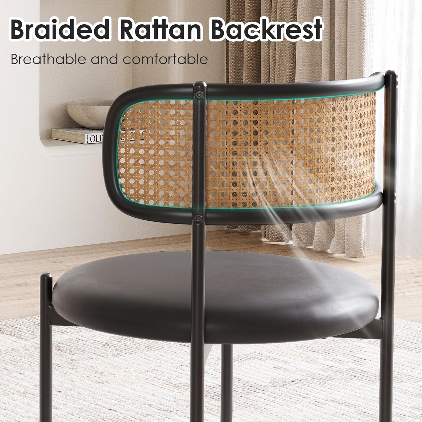 Farini Dining Chairs Set of 4, PU Leather Upholstered Seat with Woven Rattan Back, Sturdy Metal Legs Modern Side Chairs for Kitchen Living Room Restaurant, Black