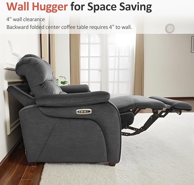 MCombo 87.2'' Wall Hugger Power Recliner Sofa with Drop Down Table, Reclining Sofa with Adjustable Headrest, USB Charge Ports, Reading Lamp, for Living Room, RVs, Fabric, ST258M3 (3-Seater, Dark Grey)