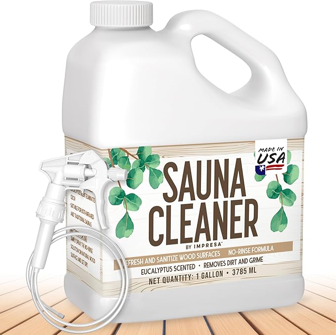 IMPRESA 1gallon Sauna Cleaning Spray – All Purpose Eucalyptus Wood Cleaner Spray for Home Sauna, Spa, Steam Room & Gym – Natural Multipurpose Surface Cleaner Bottle – Gentle Ingredients