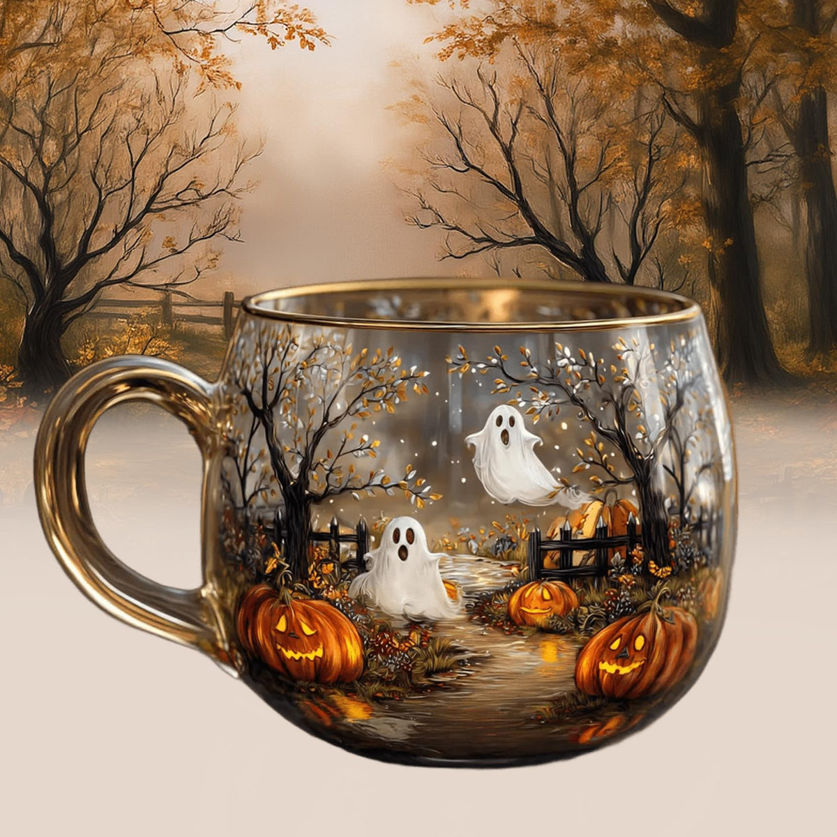 Haunted Path Halloween Mug - Hand Painted Pumpkin and Ghost Design, Spooky Coffee Mug for Halloween Gifts, Fall Decor, Microwave Safe (3.9 * 3.1 inch) (1pcs)