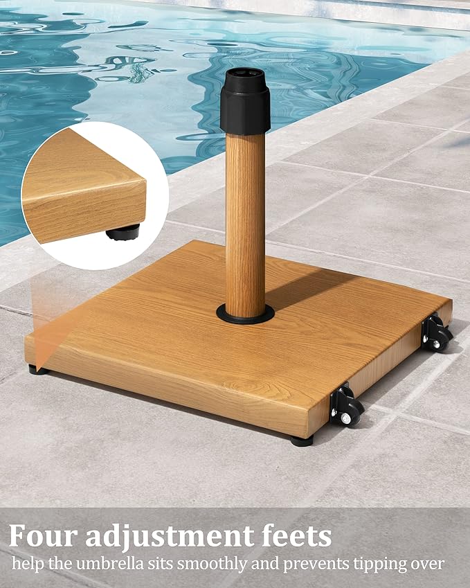 JOINHOM 42lbs Patio Umbrella Base with Wheels - Heavy Duty Outdoor Patio Market Umbrella Stand for Deck, Poolside, Balcony, Wind-Resistant Design, Decorative Wood Pattern