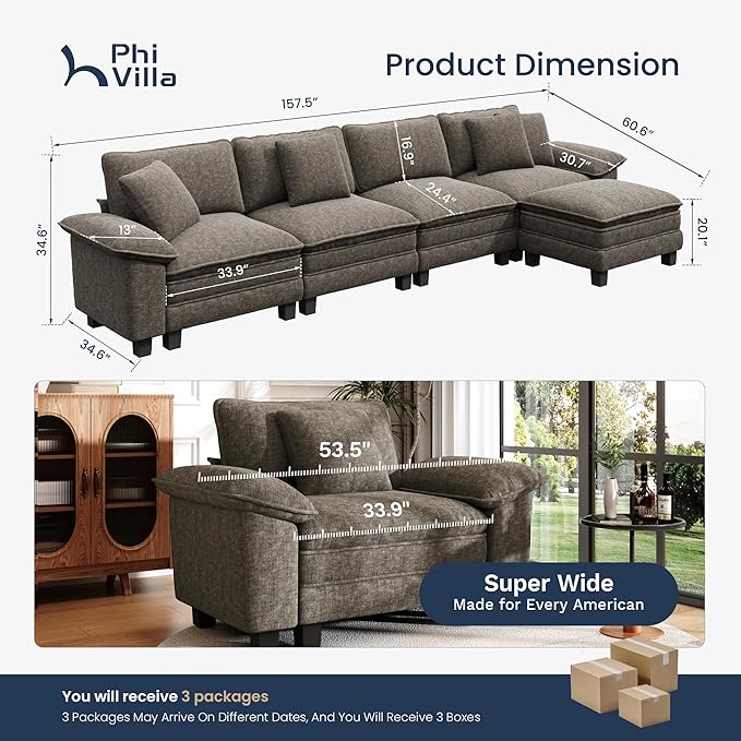 PHI VILLA Cloud Modular Couch Sets, 157.5" Sectional Sofa with L-Shaped Chaise, 5-Seater Upholstered Couches with Movable Ottoman for Living Room, Chenille Fabric, Smoky Grey