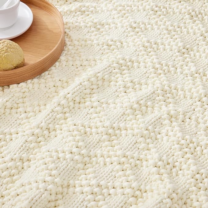Knitted Weighted Blanket for Adult, Chunky Knit Weighted Throw for Sleep 50"*60" 7lbs, Cooling Breathable Heavy Blanket for Hot Sleepers, Machine Washable Blanket for Room Decor(Ivory White)