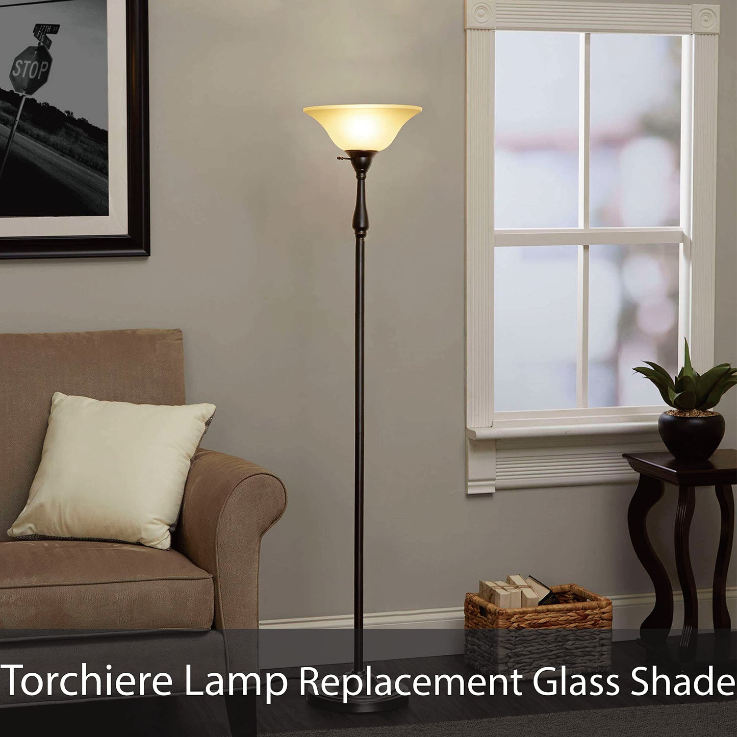Aspen Creative 23130-11A Clear & Sandblasted Shade for Medium Base Socket Torchiere, Swag Lamp 13-3/4" Diameter x 4-3/4" High 1 Pack Replacement Glass, Clear