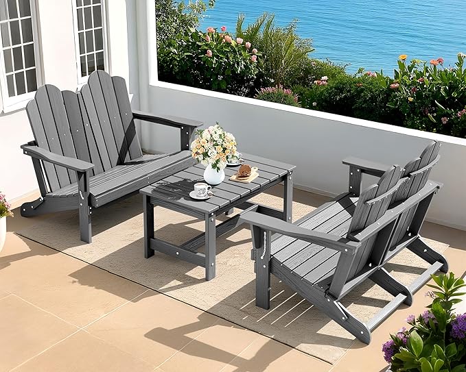 SERWALL 3 Pieces Patio Adirondack Bench Set, 2 Folding Adirondack Bench and 1 Coffee Table Set for Front Porch Garden Balcony Backyard, Grey
