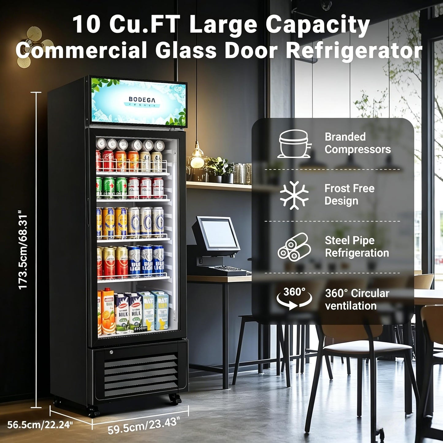 BODEGACOOLER Beverage Refrigerator and Cooler, 10.0 Cu. Ft Commercial Refrigerators For Man Cave, Display Refrigerator with Soft LED Light. 4 Shelves Merchandiser Refrigerators as Black Bar Cooler.