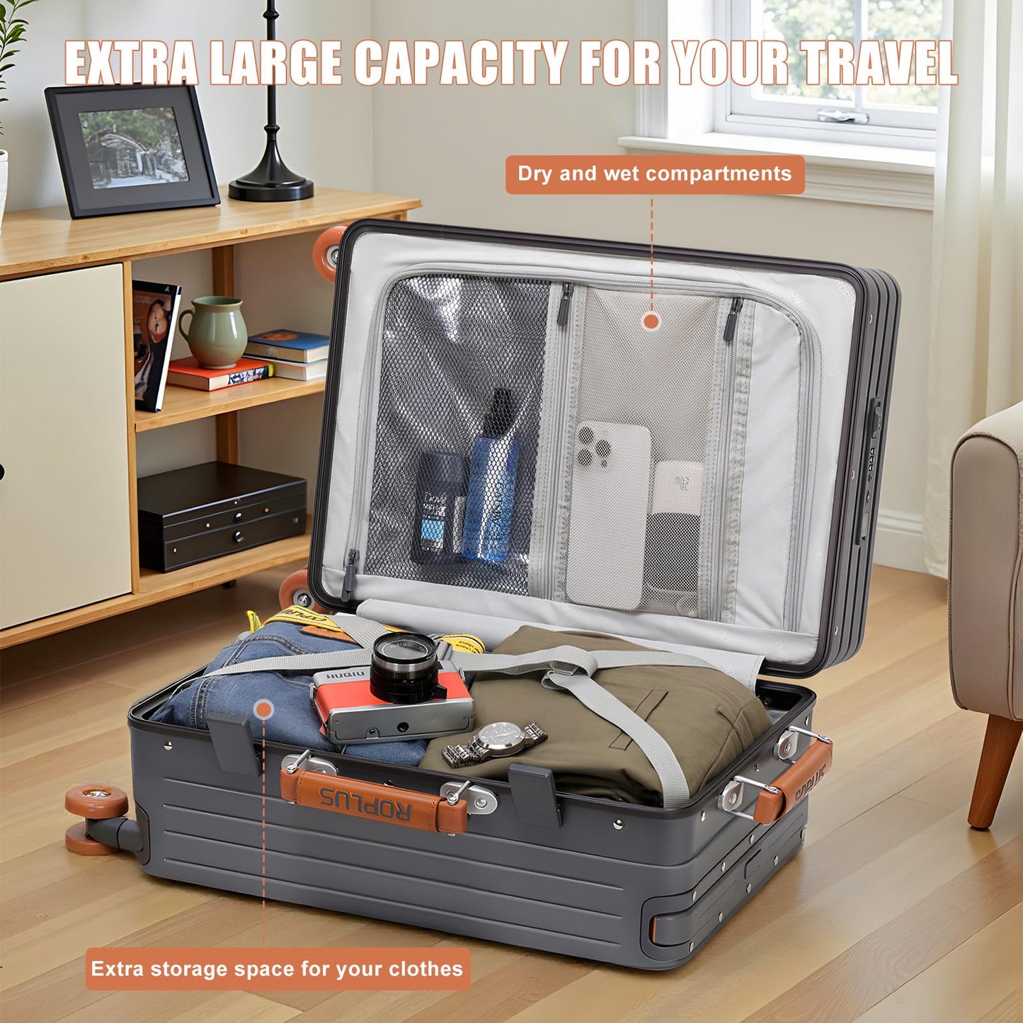 ROPLUS Carry On Luggage with Front Cover Compartment, Aluminium Frame Rolling Suitcase with USB Ports, Cup Holder, TSA Lock, Skate Wheels (WhiteGreen, 21-Inch)