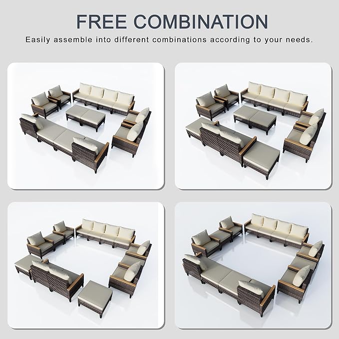 14 Pieces Patio Furniture Set, Wicker Rattan Outdoor Conversation Sets with Footstool, Modular Sectional Seating Set 2 Three Seater Sofa & 4 Single Armchairs & 4 Ottomans for Home (Beige Cushions)