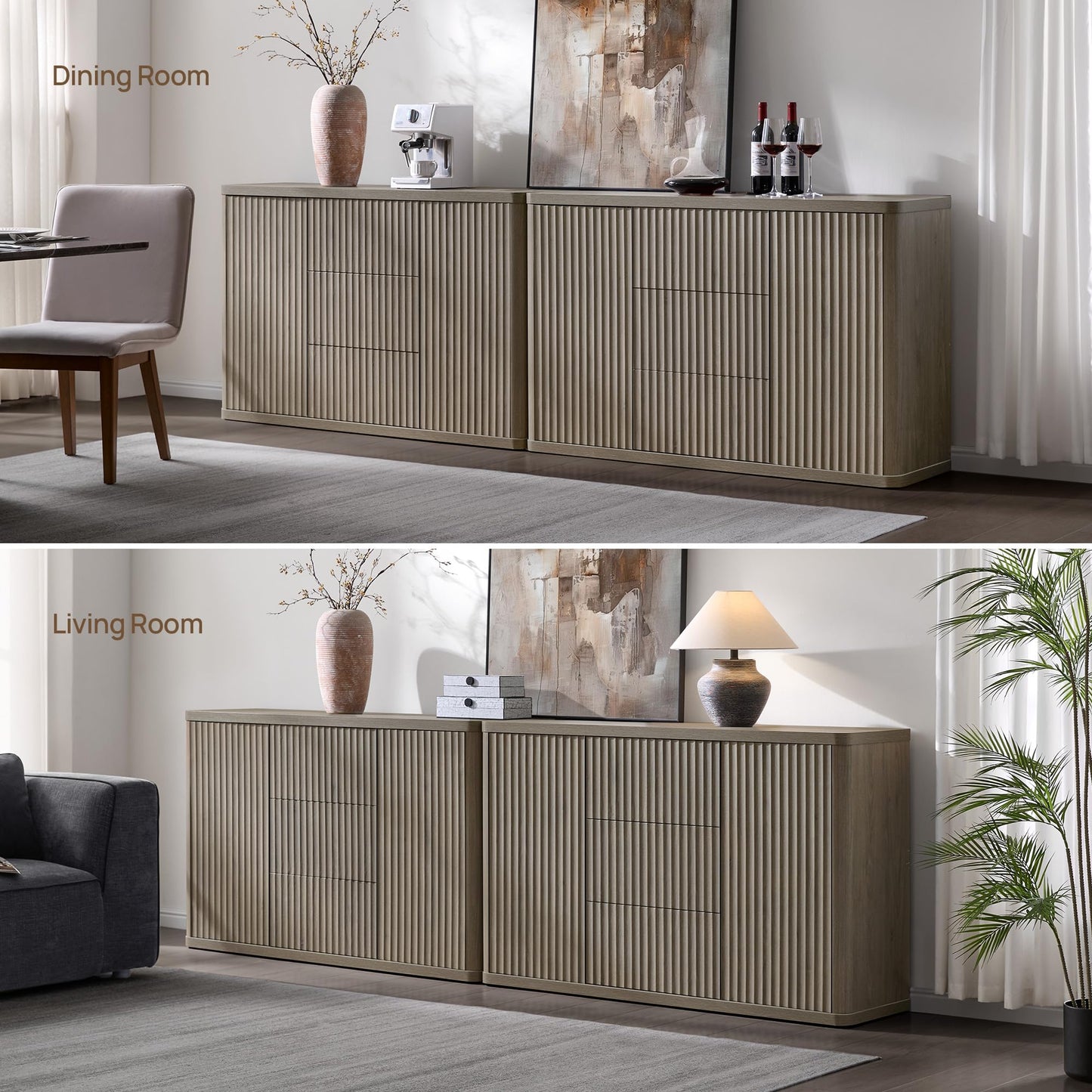SICOTAS Buffet Cabinet with Storage - Accent Fluted Storage Cabinet with 2 Doors & 3 Drawers 54.7" Wide Modern Sideboard Credenza Large Buffet Table for Living Room Kitchen Dining Room Entryway Office