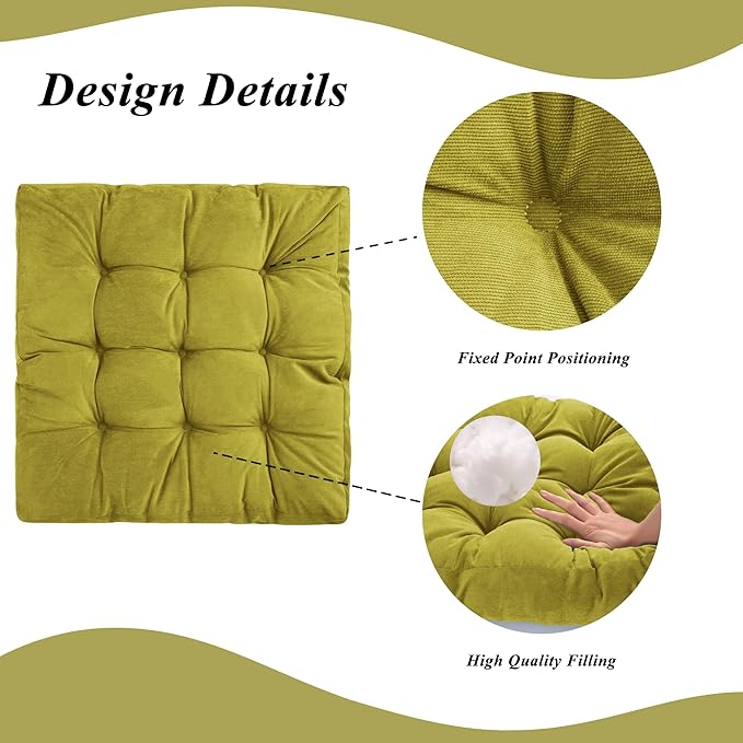 FlyGulls Meditation Floor Pillow 22×22 Inch 2 Pack Large Floor Cushions for Adults Square Tufted Corduroy Floor Pillows for Yoga Living Tatami Room Green