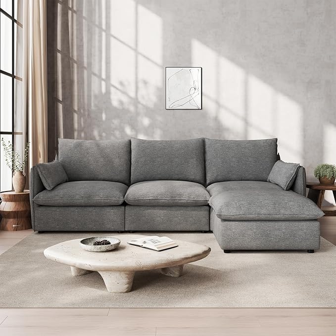Gtilzria Waterproof Cloud Sectional Couches,High Backrest Down Filled Sofa for Living Room,94.5" Modular Sofas L-Shaped with Ottoman,Detachable Couch Covers,Dark Grey