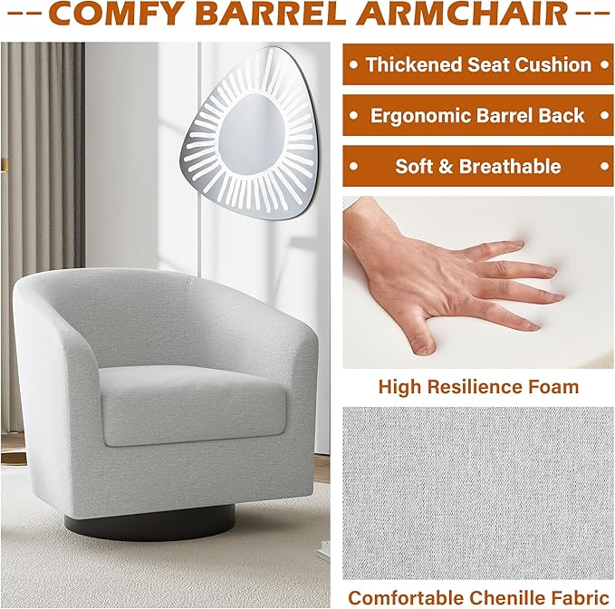 UIXE Swivel Accent Chair, Chenille Barrel Chairs Upholstered Armchair for Living Room, Modern Round Arm Chair Small Single Sofa Bedroom Reading Seat - Beige