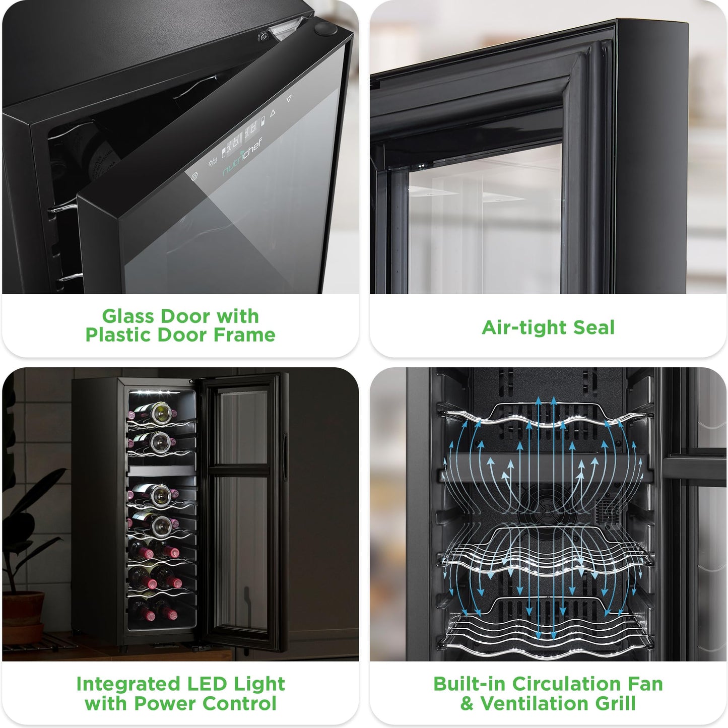 Nutrichef 18 Bottle Wine Fridge - Dual Zone Wine Chiller, Adjustable Temperature 41°F to 64°F, Ultra Quiet Operation, Free Standing Wine Cooler For Home, & Office, 32 x 11 x 26 IN (Black)