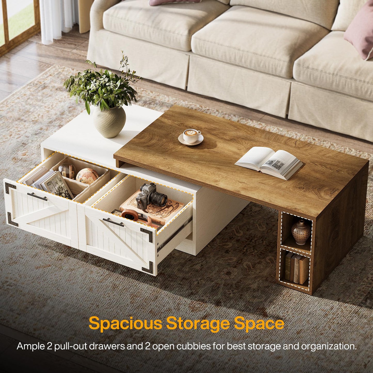 Tribesigns Extendable Large Coffee Center Table for Living Room, 47.24-Inch Farmhouse Rectangle Tea Cocktail Table with 2 Storage Drawers and Open Shelves, White and Rustic Brown