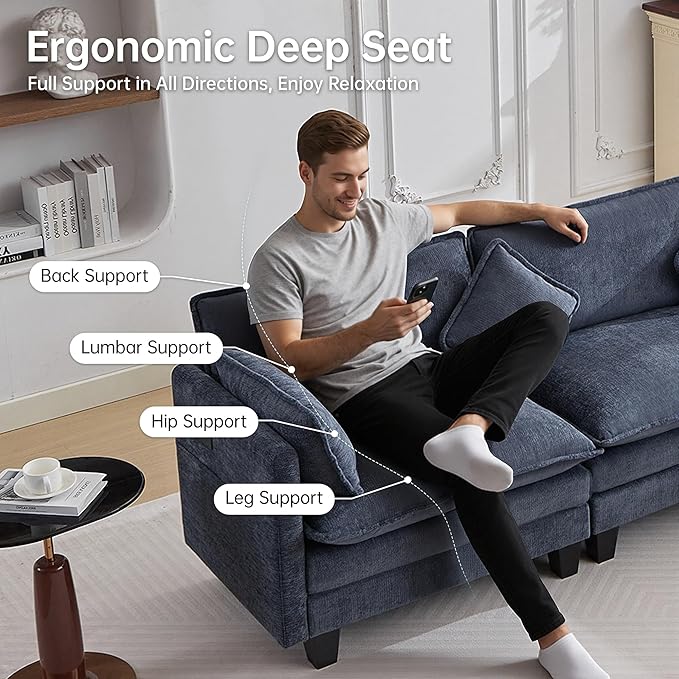 Opiesit 108" Modular Sectional Couches for Living Room with Ottoman, L Shaped Cloud Couch with Charger, USB & Type-c Port, Comfy 4 Seats Sofas with Deep Seat, Chenille Fabric, Blue