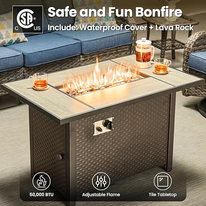 ovios 8 Pieces Patio Furniture Set, Outdoor Wicker Sofa Couch with Swivel Chairs 42" Fire Pit Table, High Back Modern All Weather Conversation Sets, Grey Rattan, Denim Blue