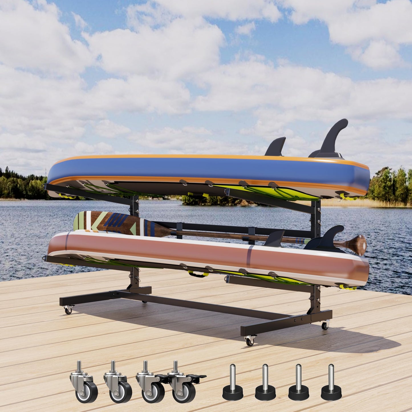 METAN Upgraded Wide Metal Kayak Storage Rack 2 Levels,59’’Wide Freestanding Heavy Duty Adjustable Kayak Stand Outdoor Storage Rack Garage with Wheels,Black,Assembly Required