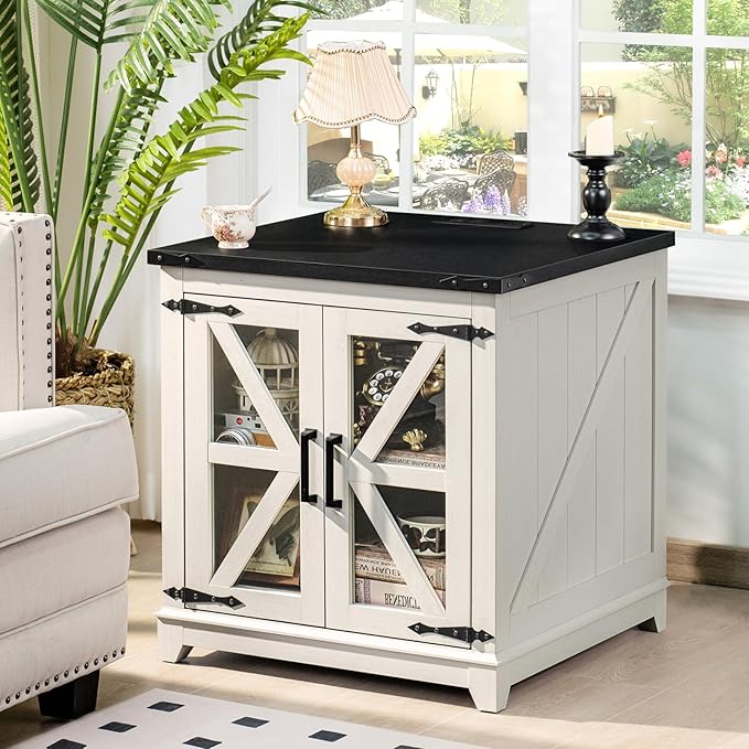 Joaxswe Farmhouse End Table with Charging Station Set 2, 24" Large Sofa Side Table with Glass Barn Door,White Nightstand with Adjustable Storage Shelf,Wood Square Bedside Table for Living Room,Bedroom