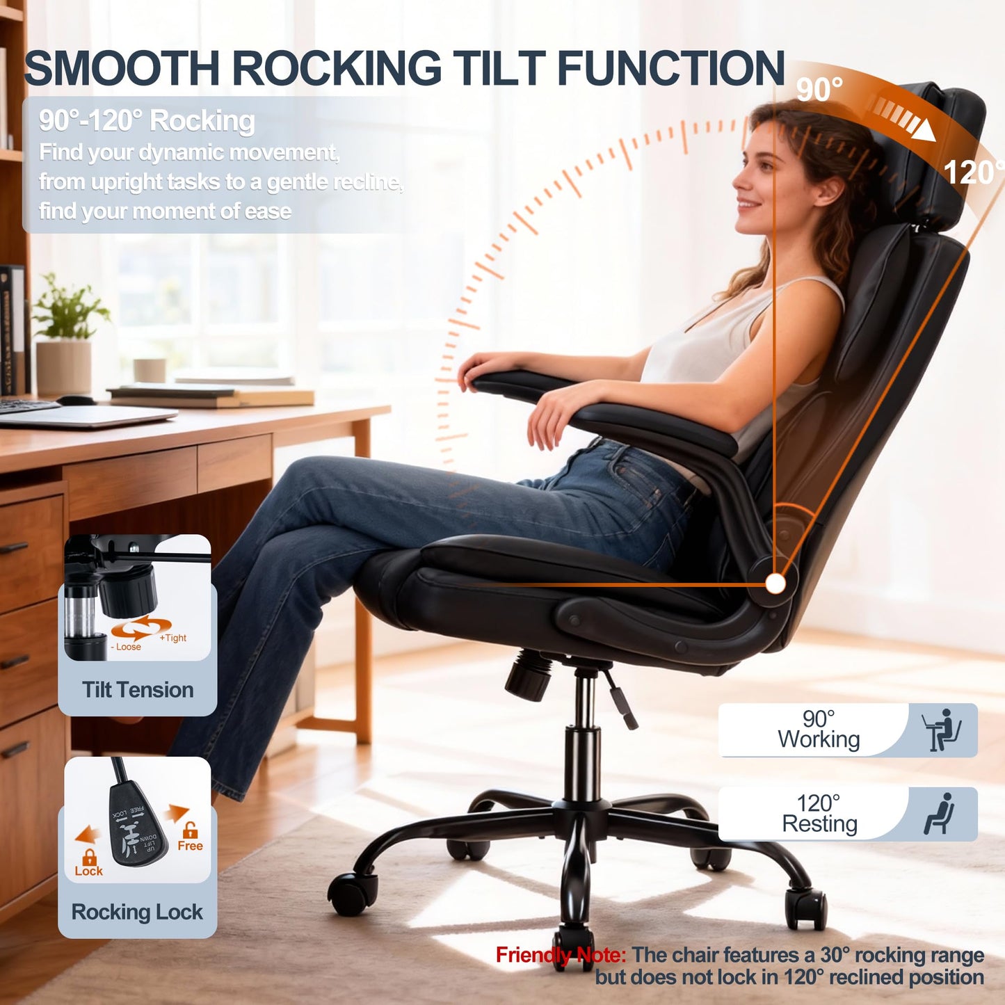 Office Chair with Adjustable Headrest - Executive Leather Desk Chair for Home Office, with Flip-Up Arms & Ergonomic Lumbar Support, Perfect for Work and Study, Black