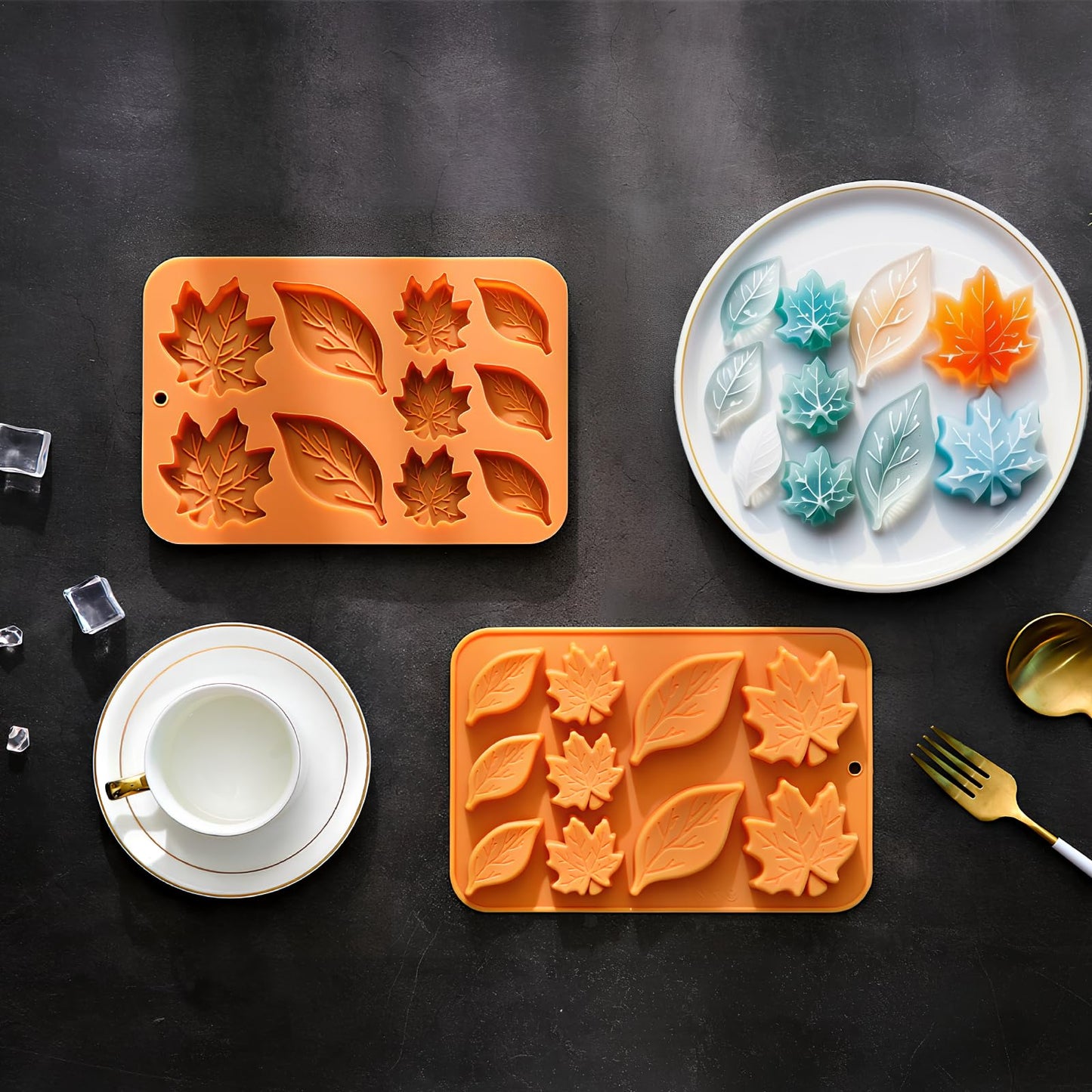 Leaf Silicone Molds Fall Silicone Mold Harvest Cake Pan Autumn Maple Leaf 2 Different Shapes Thanksgiving Fall Theme Mould for Halloween Chocolate Candy Cupcake Topper Resin Soap Candle Ice Cube 2PCS