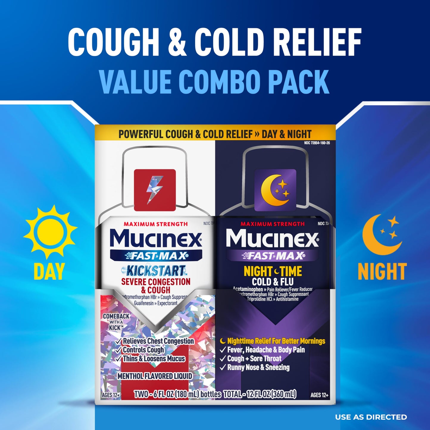 Mucinex Fast-Max Kickstart Severe Congestion & Cough & Nighttime Cold and Flu Medicine for Adults, Powerful Over-The-Counter Medication for Mutli-Symptom Relief, 2x6 Fl Oz